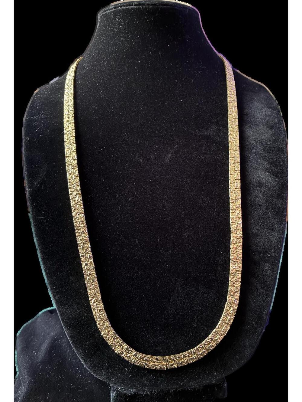 Vintage 30" Long Gold Nugget Link Chain Necklace 1/4" Wide Flat Textured Panel